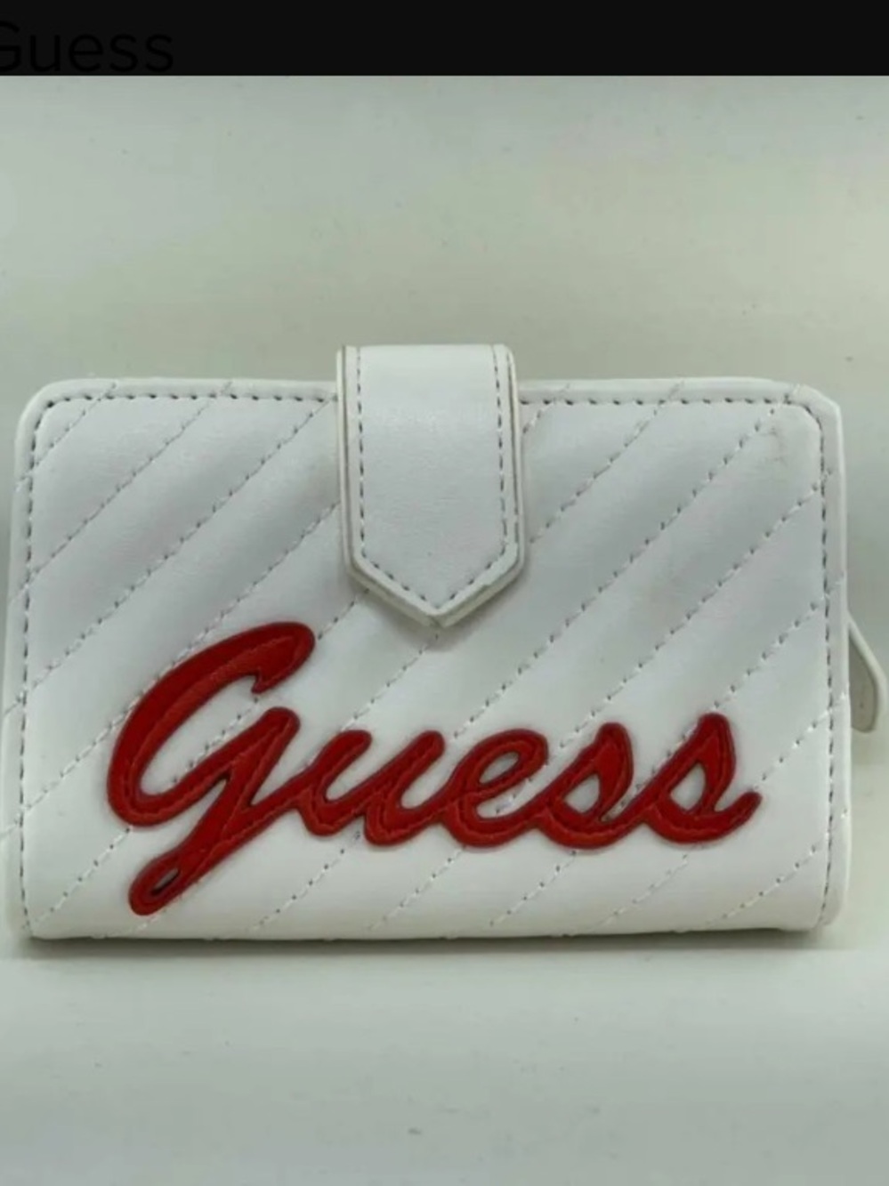GUESS White Quilted Card Holder with Red Script Logo